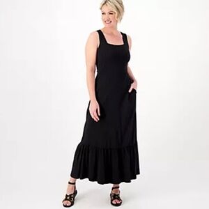 Lands End Medium Petite Square Neck Tiered Maxi Dress Sleeveless Cotton